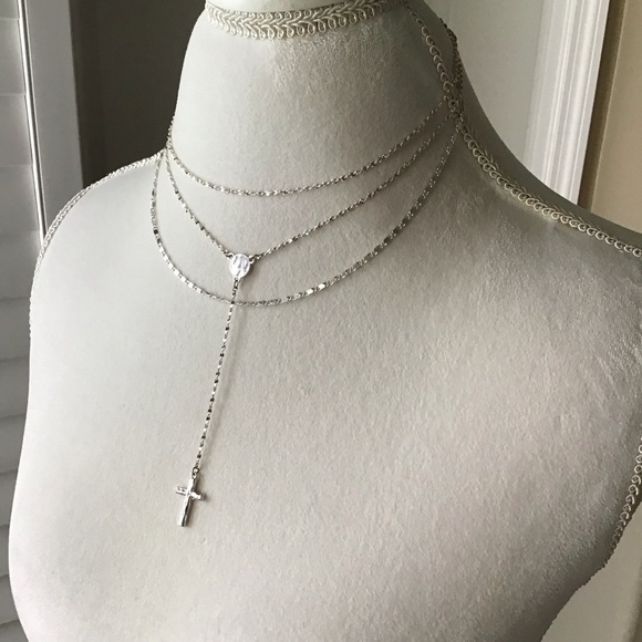 Cross Necklace Delicate 3-Chain Silver-Tone Waterfall Rosary Style Boho Feminine - Picture 5 of 8